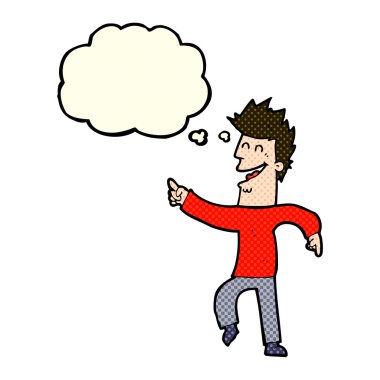 Çizgi film adamı düşünce balonuyla işaret edip gülüyor.