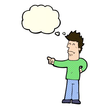Çizgi film adamı düşünce balonunu işaret ediyor.