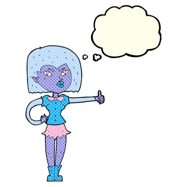 Çizgi filmdeki vampir kız düşünce baloncuğuyla başparmak işareti yapıyor.