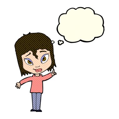 Düşünce baloncuğu olan çizgi film kadını.