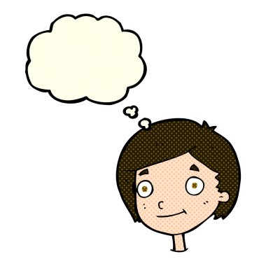 Düşünce baloncuğu olan mutlu çocuk.