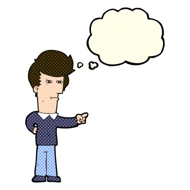 Çizgi film adamı düşünce balonunu işaret ediyor.