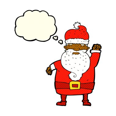 Düşünce baloncuklu kızgın Noel Baba çizgi filmi.