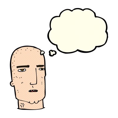 Düşünce baloncuğu olan kel, sert adam.