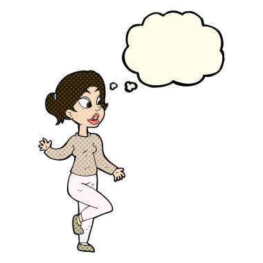 Çizgi film dostu kadın düşünce balonuyla el sallıyor.