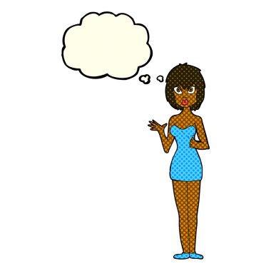 kokteyl elbisesi düşünce balonu ile karışık kadın karikatür