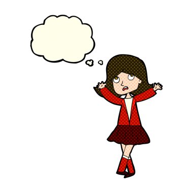 Düşünce baloncuğu olan mutsuz bir kız.