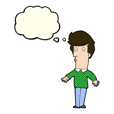 Düşünce baloncuğu olan ürkmüş bir adam.