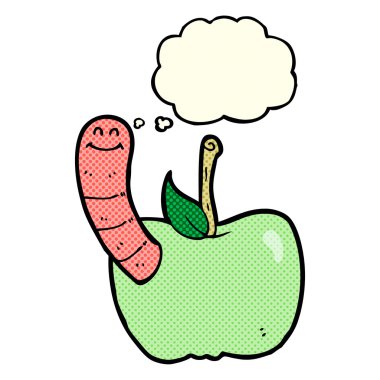 Düşünce baloncuklu solucanlı çizgi film elması