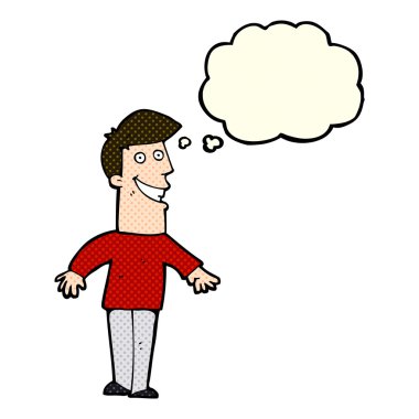 Düşünce baloncuğu ile sırıtan çizgi film adamı.