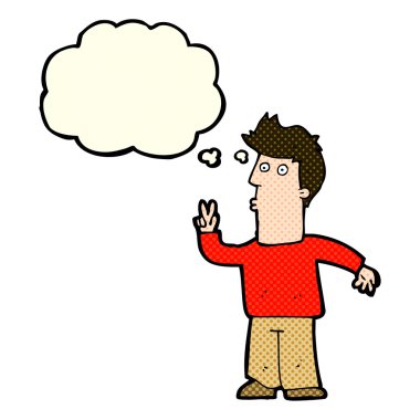 düşünce balonu ile barış işareti veren çizgi film adam