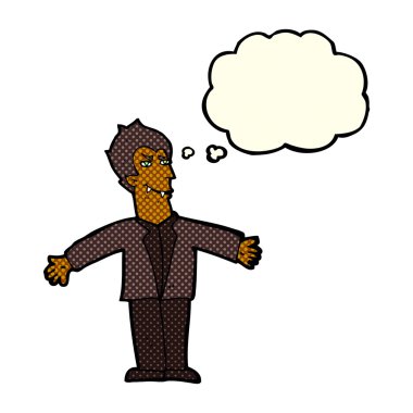 Düşünce baloncuğuyla kollarını açmış vampir bir çizgi film kahramanı.