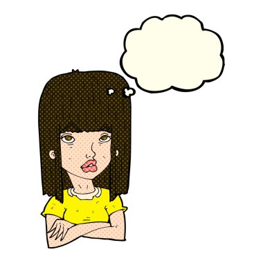 Düşünce baloncuğuyla kollarını kavuşturmuş çizgi film kızı.