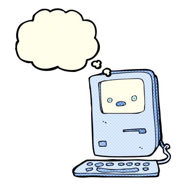 Düşünce baloncuklu eski bilgisayar