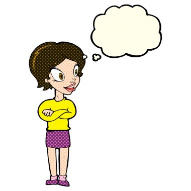 Düşünce baloncuğu olan güzel bir kadın.