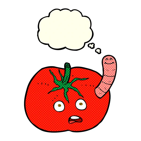 Pomodoro cartone animato con verme con bolla di pensiero — Vettoriale Stock