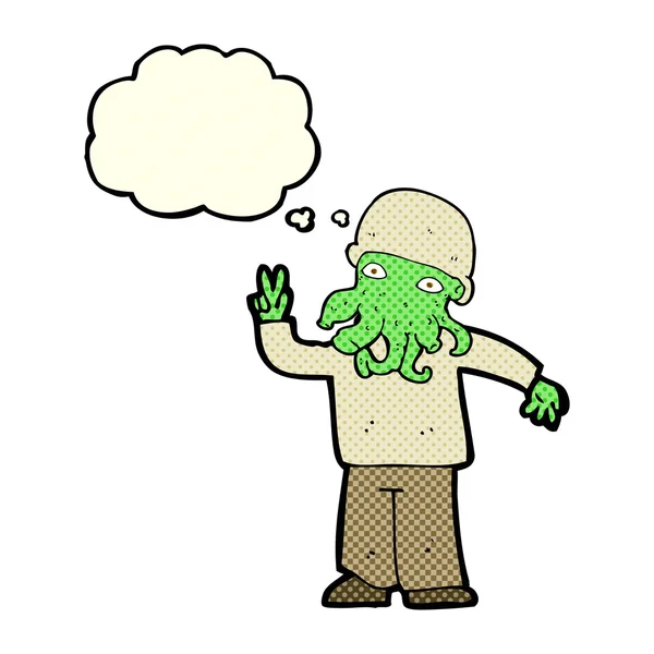 Cartoon cool alien met gedachte zeepbel — Stockvector