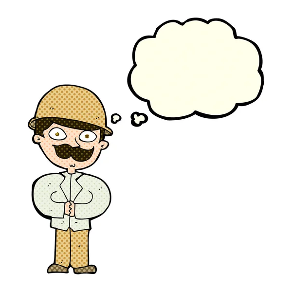 Cartoon man in safari hat with thought bubble — Stock Vector