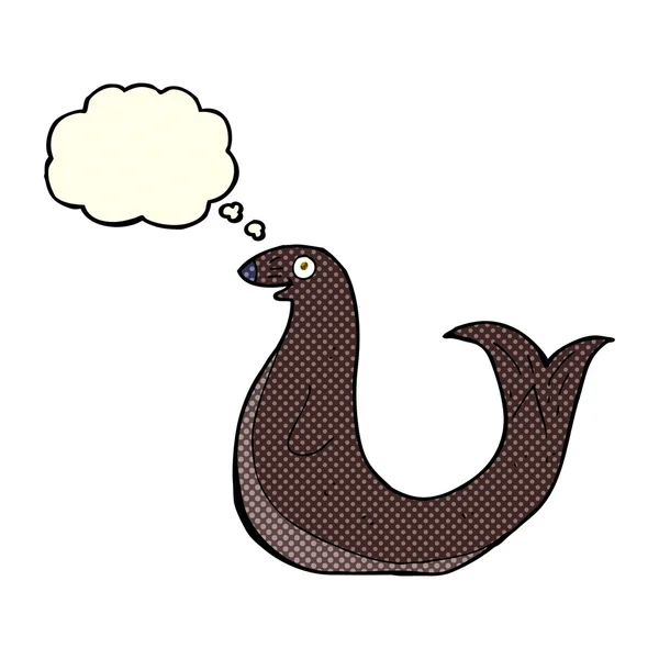 Cartoon happy seal met gedachte zeepbel — Stockvector