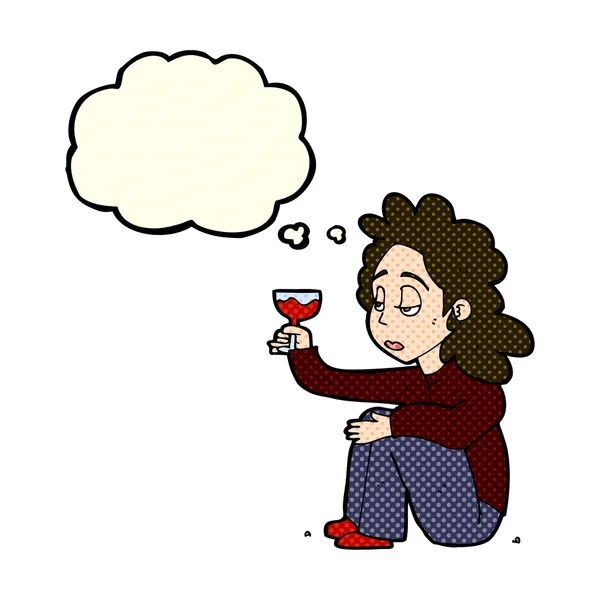 Cartoon unhappy woman with glass of wine with thought bubble — Stock Vector