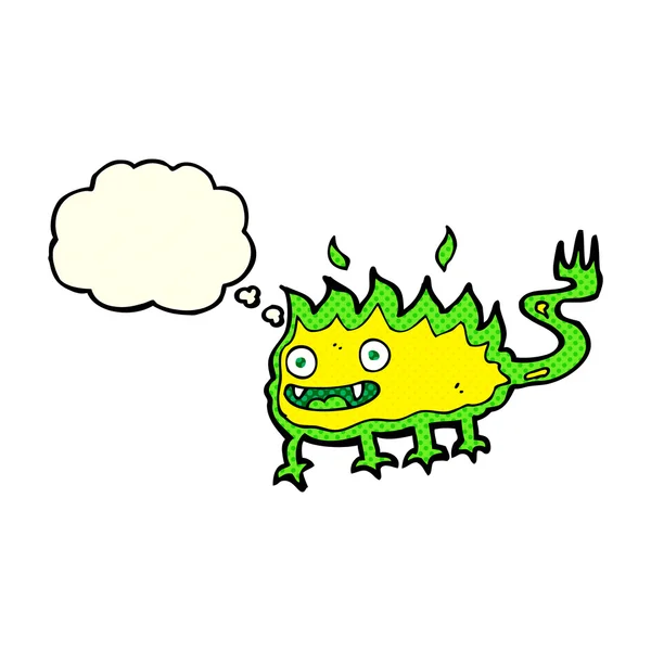 Pequeño demonio de fuego de dibujos animados con burbuja de pensamiento — Vector de stock