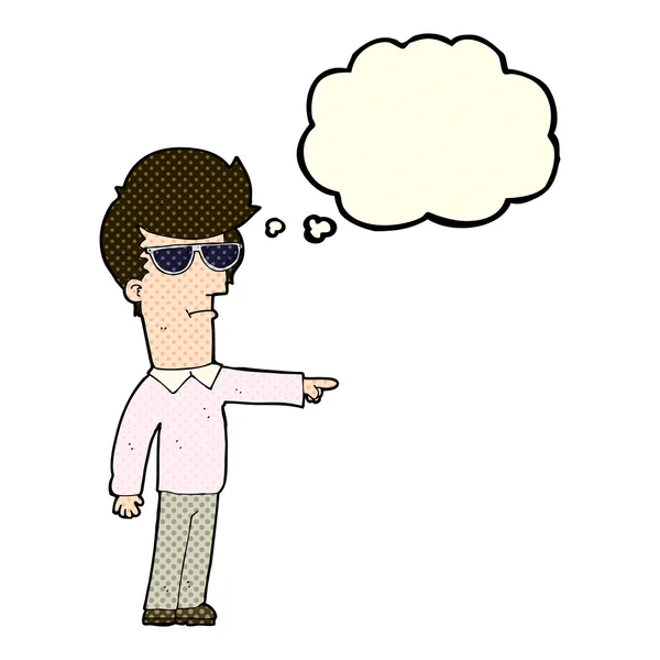 Człowiek z kreskówek w okularach wskazując z bańki myślowej — Wektor stockowy