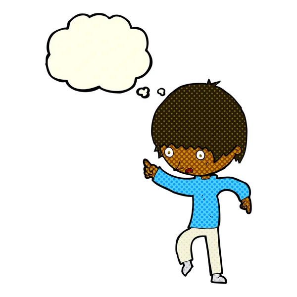 Desenho animado menino preocupado apontando com bolha de pensamento — Vetor de Stock