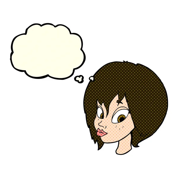 Cartoon pretty female face pouting with thought bubble — Stock Vector