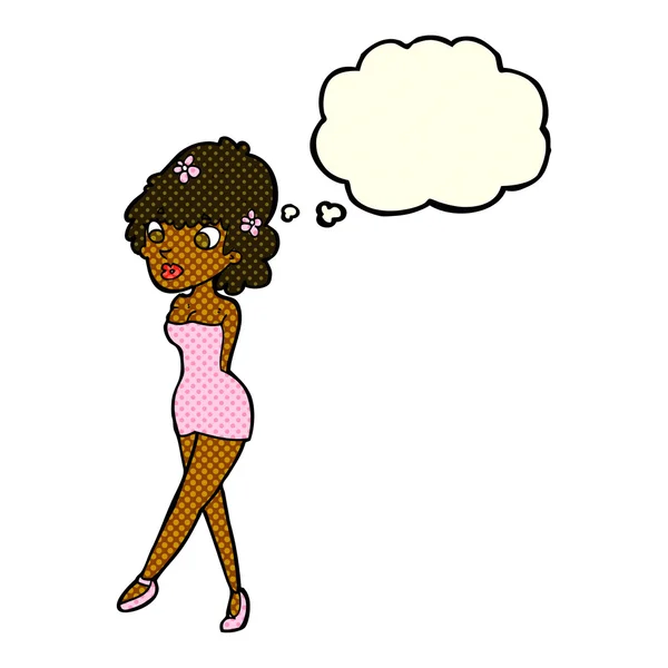 Mujer de dibujos animados posando en vestido con burbuja de pensamiento — Vector de stock