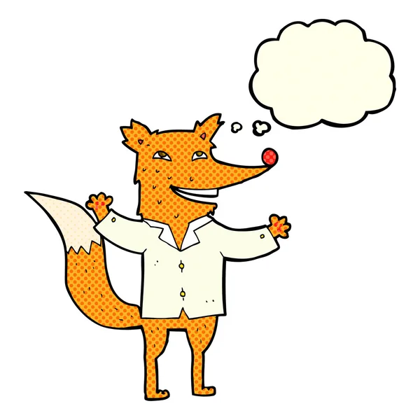 Dibujos animados zorro feliz usando camisa con burbuja de pensamiento — Vector de stock