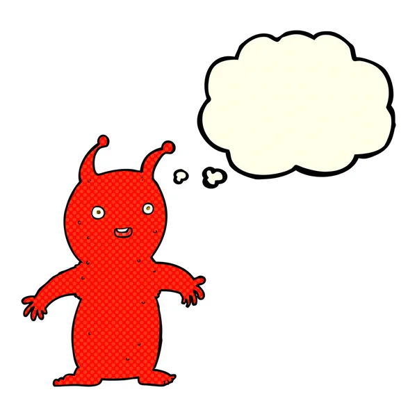 Desenho animado pequeno alienígena feliz com bolha de pensamento — Vetor de Stock