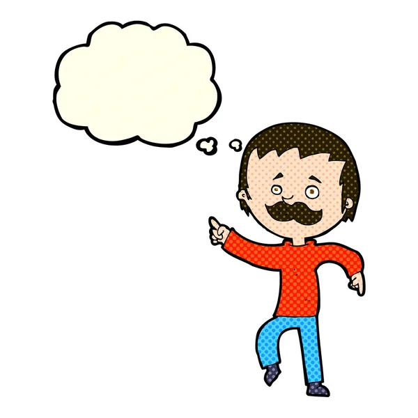 Dessin animé homme avec moustache pointant avec bulle de pensée — Image vectorielle