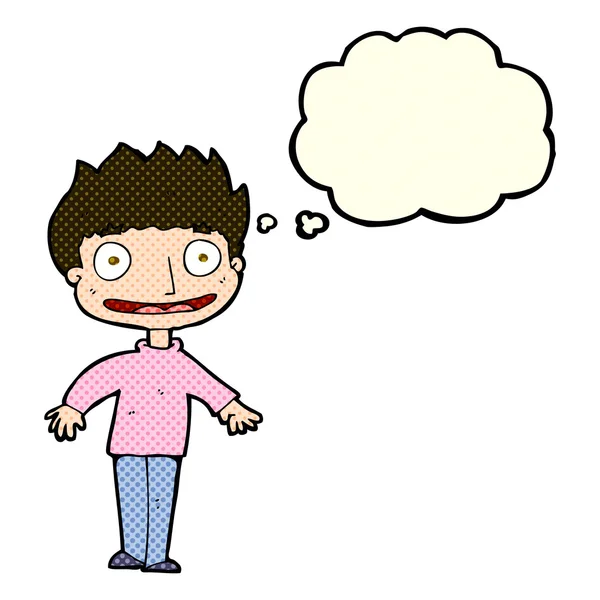 Cartoon opgewonden jongen met gedachte zeepbel — Stockvector