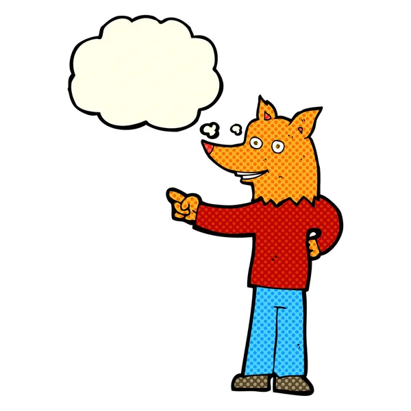 Cartoon fox man pointing with thought bubble — Stock Vector