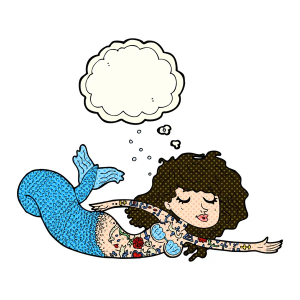 Sirena de dibujos animados cubierta de tatuajes con burbuja de pensamiento — Vector de stock