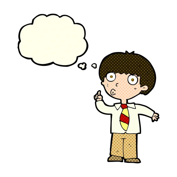 Dessin animé écolier garçon avec question avec bulle de pensée — Image vectorielle
