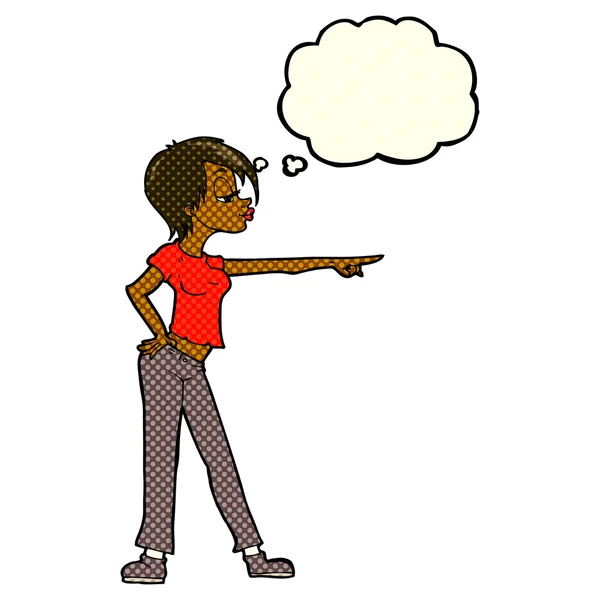 Fumetto hip donna che punta con bolla di pensiero — Vettoriale Stock
