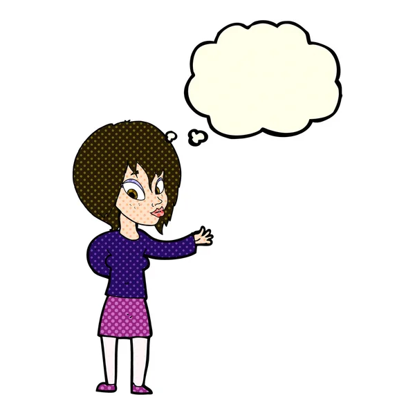 Mujer de dibujos animados haciendo gesto de bienvenida con burbuja de pensamiento — Vector de stock