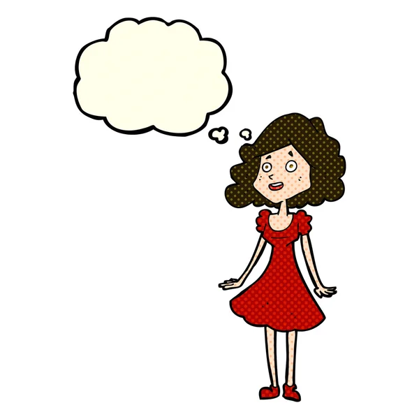 Ευτυχισμένη γυναίκα κινουμένων σχεδίων στο φόρεμα με σκέψη φούσκα — Διανυσματικό Αρχείο
