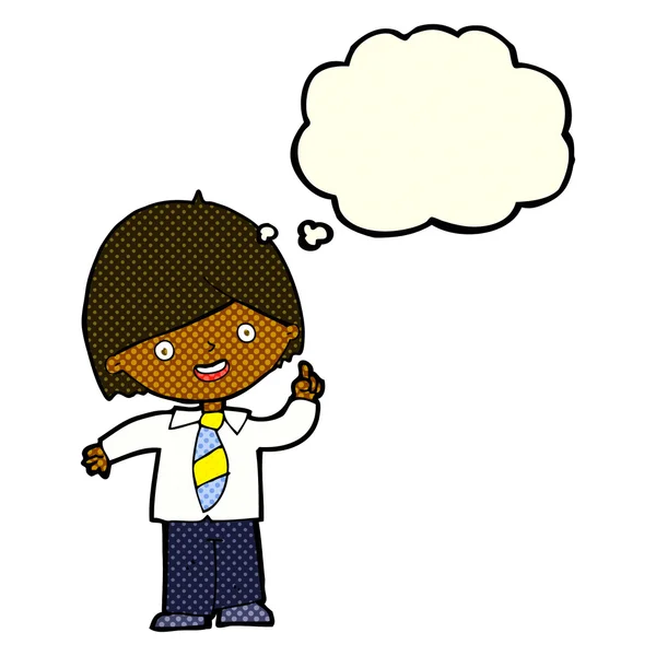 Cartoon menino da escola respondendo pergunta com bolha de pensamento — Vetor de Stock