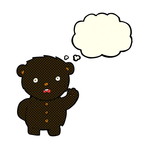 Cartoon unhappy black teddy bear with thought bubble — Stock Vector