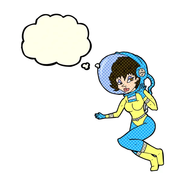 Cartoon space woman with thought bubble — Stock Vector