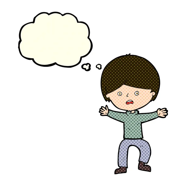 Cartoon jongen in paniek met gedachte zeepbel — Stockvector