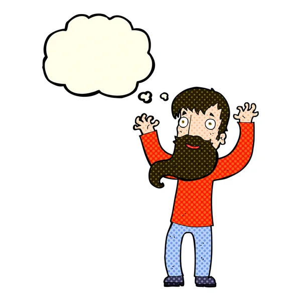 Karikatur aufgeregter Mann mit Bart mit Gedankenblase — Stockvektor