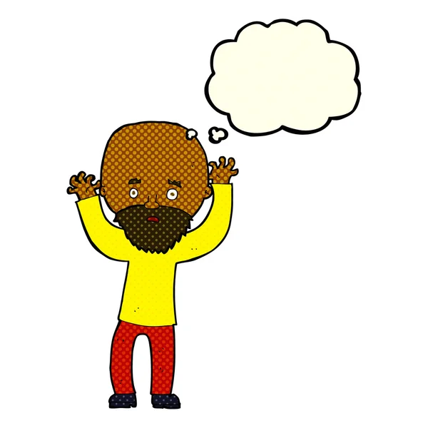 Desenho animado barbudo homem em pânico com pensamento bolha — Vetor de Stock