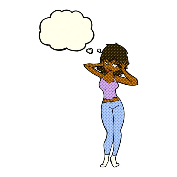 Dibujos animados mujer bonita con burbuja de pensamiento — Vector de stock
