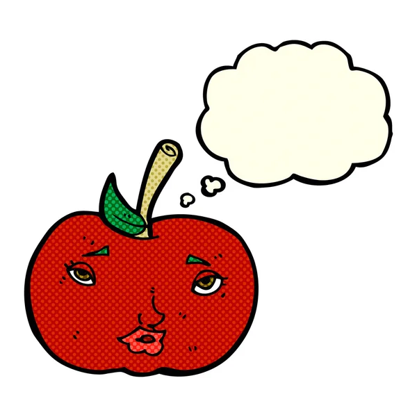 Cartoon-Apfel mit Gesicht mit Gedankenblase — Stockvektor