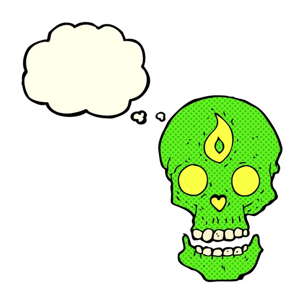 Cartoon mystieke schedel met gedachte zeepbel — Stockvector