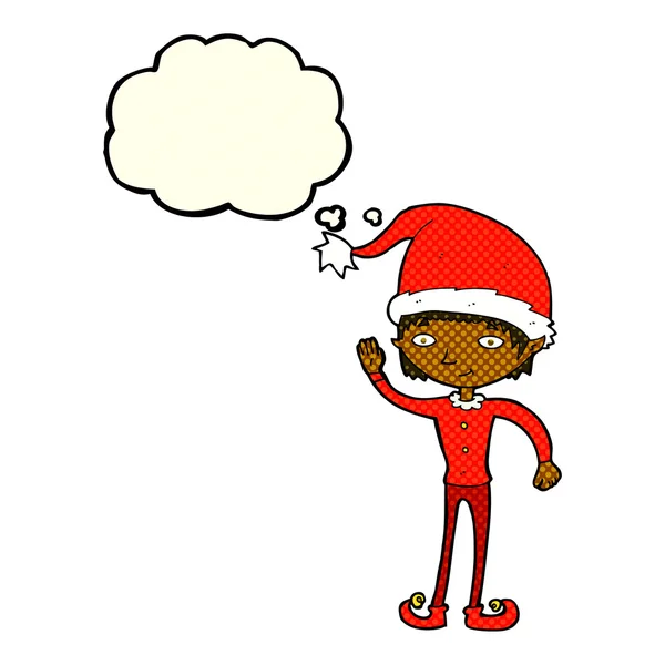 Dibujos animados ondeando elfo de Navidad con burbuja de pensamiento — Vector de stock