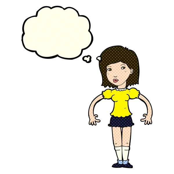 Mujer de dibujos animados mirando de lado con burbuja de pensamiento — Vector de stock